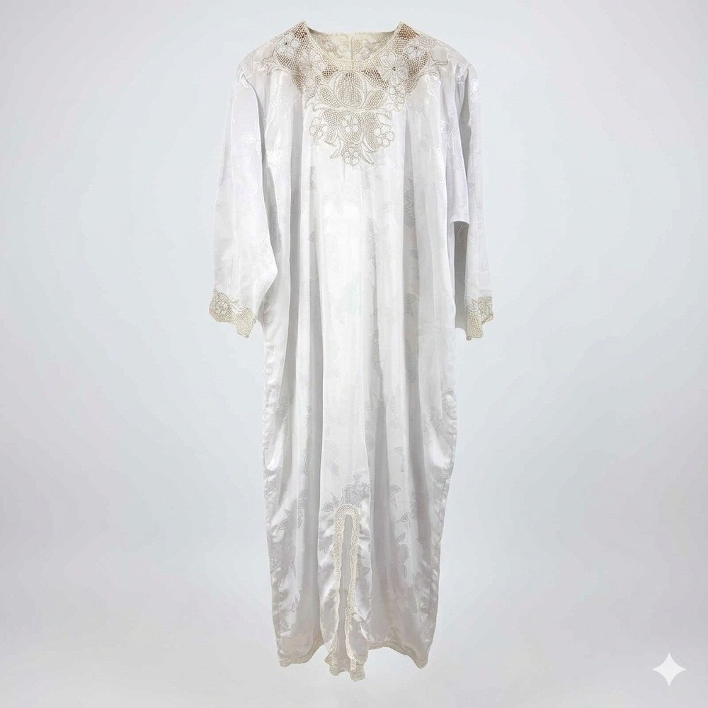 White Satin Lace Silver Trim Maxi Nightgown XL Vintage Victorian Bridal Caftan